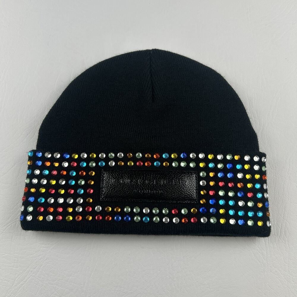 Kurt Geiger Black Knit Beanie Hat Multicolor Rhinestone Studded One Size